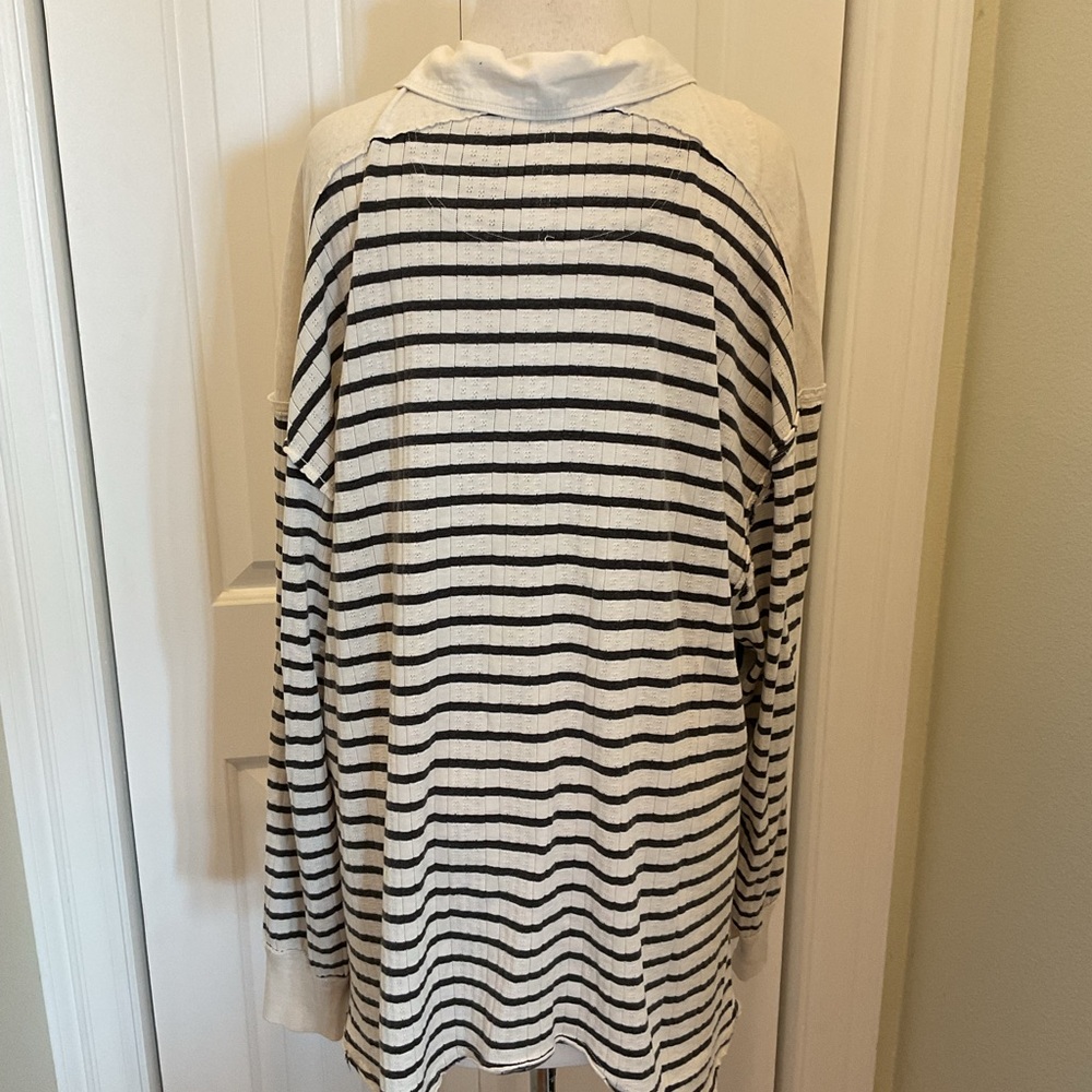 We The Free Striped Button Henley Top in Cream and Black - Picture 3 of 5